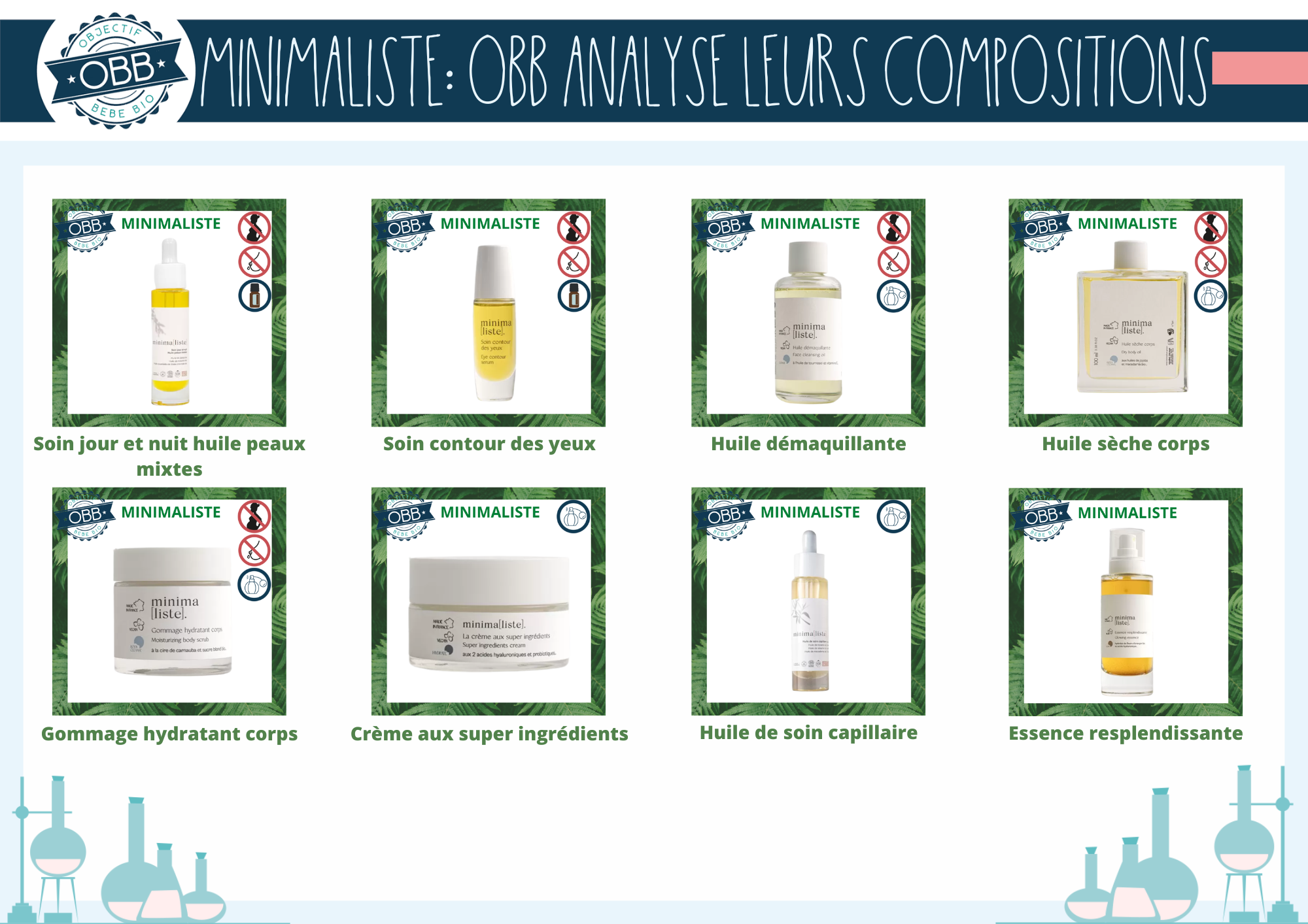 analyse de la composition des cosmétiques: Huile de soin, contour des yeux, huile démaquillante, huile sèche, gommage corps, crème, huile cheveux, essence de la marque Minimaliste