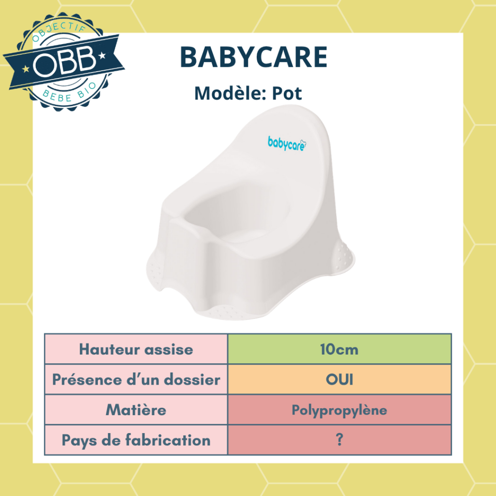 Babycare, vendu à Orchestra propose un pot avec une hauteur d'assise de 10cm. Le lieu de fabrication est inconnu et il est en plastique. Il possède également un dossier.