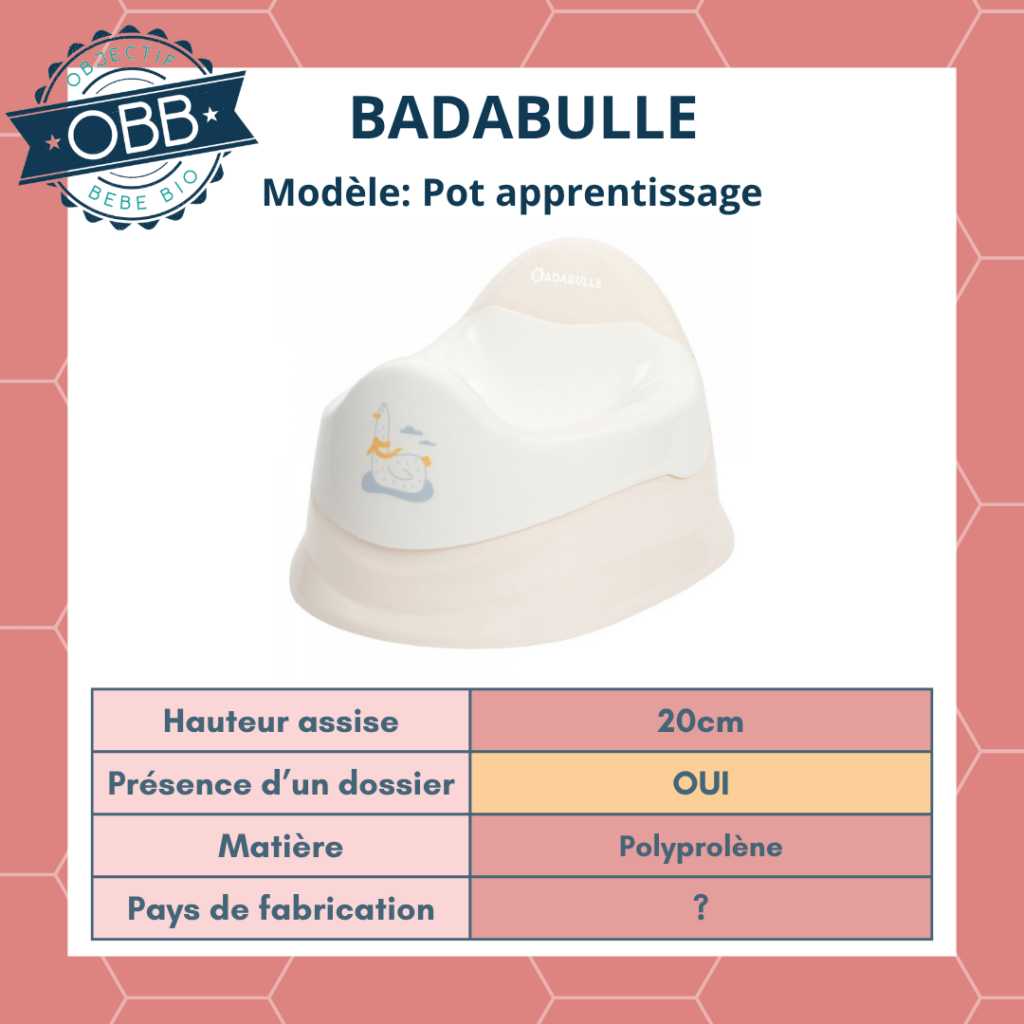 Le pot Badabulle a une assise de 20cm de haut. Il possède également un dossier et il est en plastique.