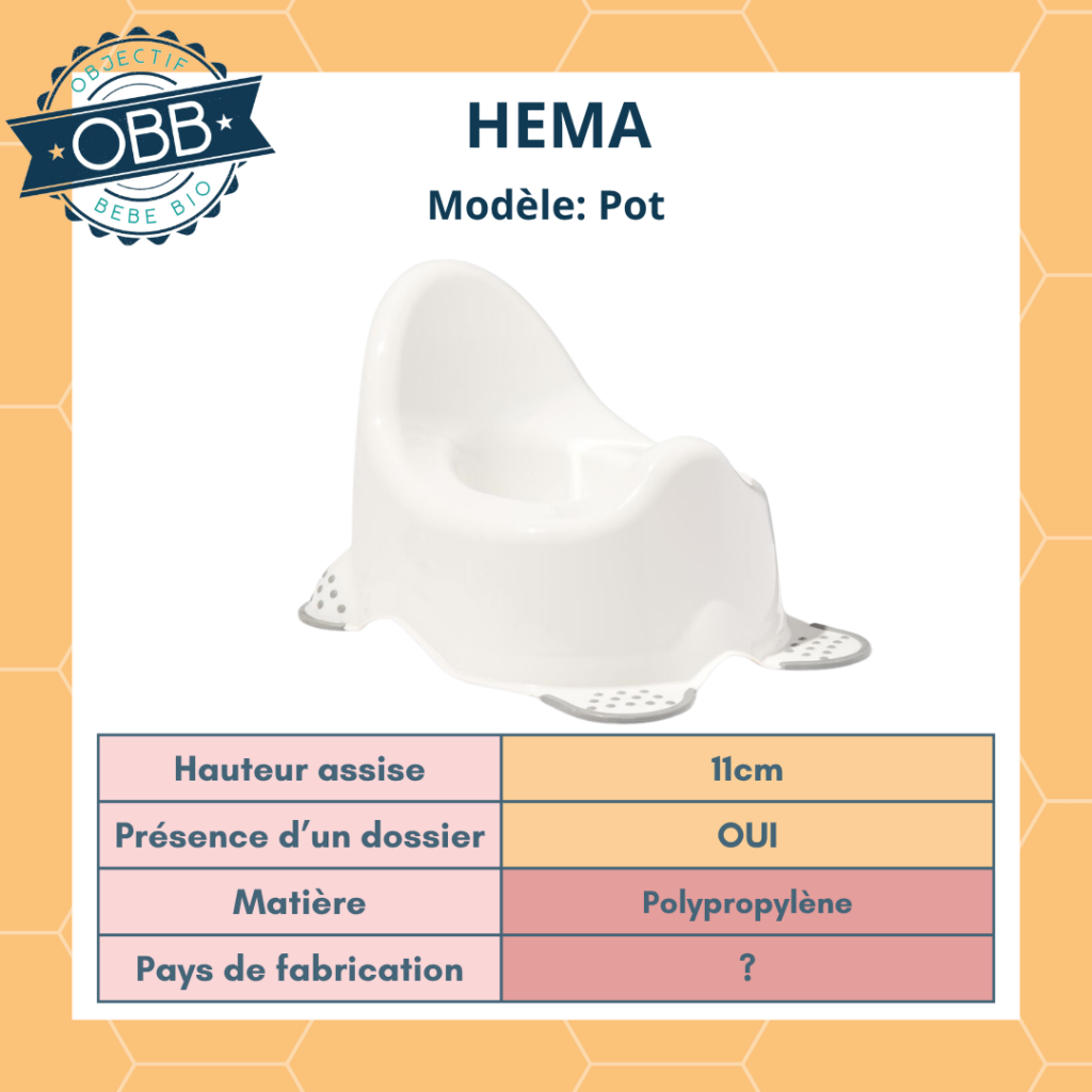 Pot Hema de 11cm pour l'assise. Il a un dossier qui peut freiner la position physiologique. Le lieu de fabrication est inconnu et il est en plastique.