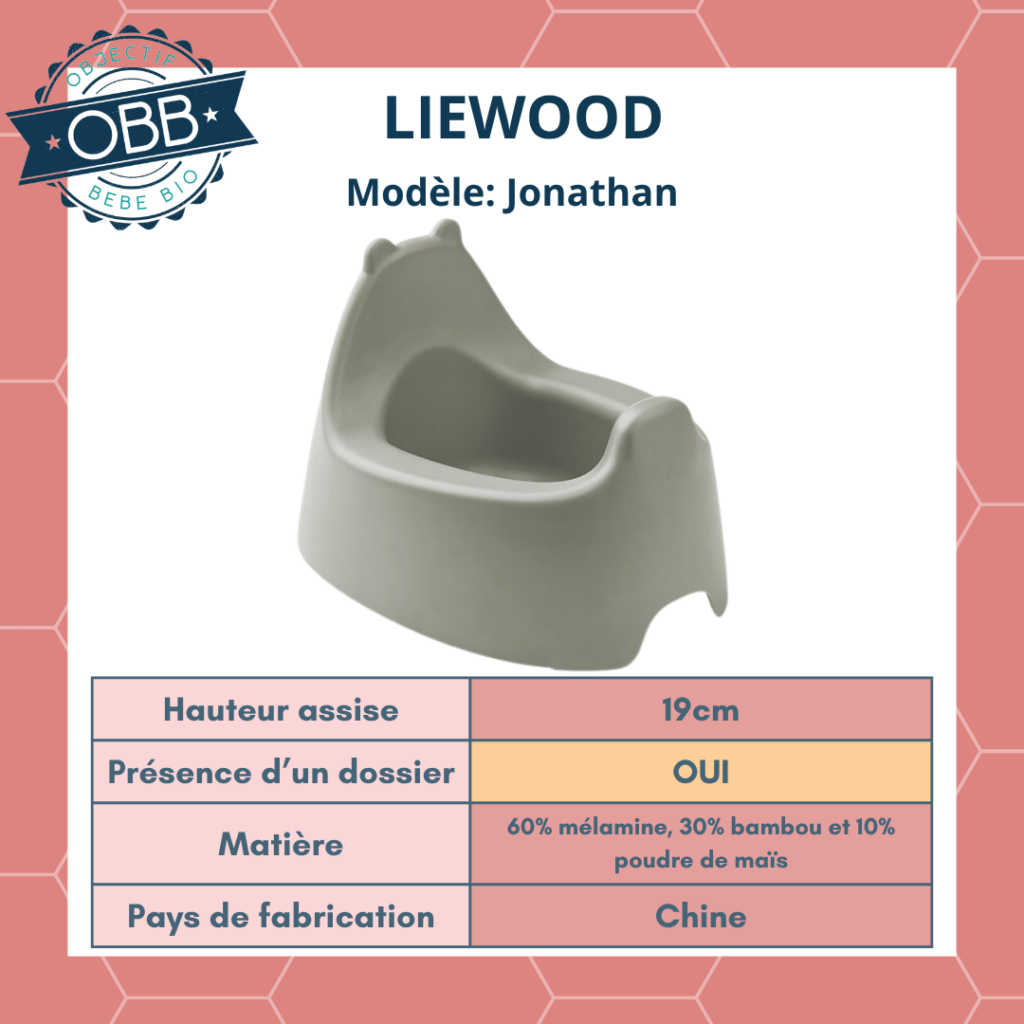 Le pot Liewood à une hauteur d'assise de 19cm avec un dossier. La marque fabrique le produit en Chine avec un mélange de mélamine bambou et poudre de maïs.