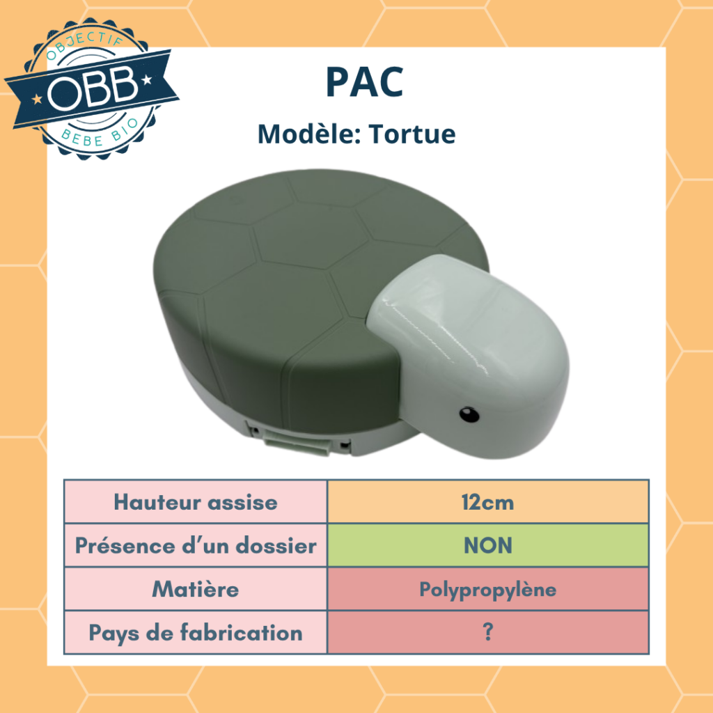 Pot physiologique bébé 3 en 1 Pac: il sert de pot, réhausseur et réducteur de toilettes. Son format compact le rend facilement transportable lors de vos déplacement. La hauteur de l'assise est de 12cm.