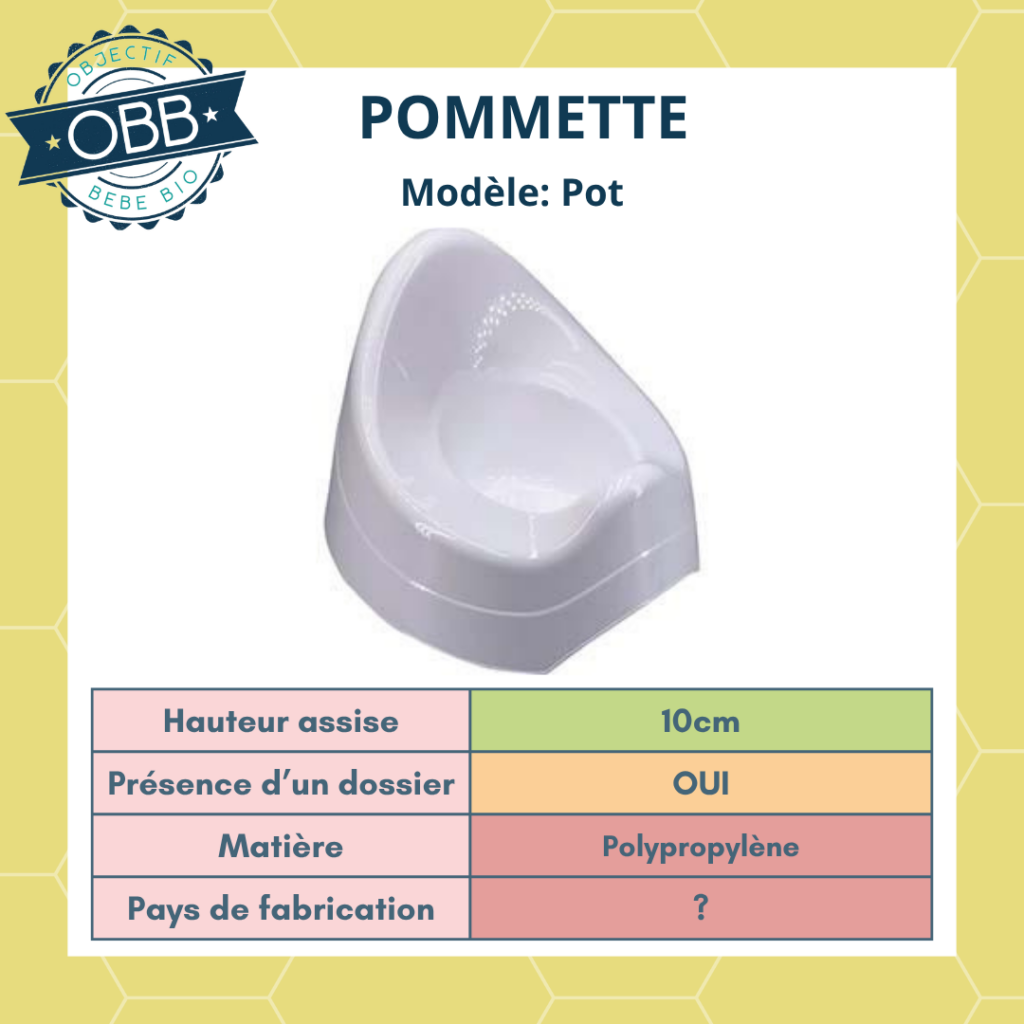 Intermarché propose un pot Pommette avec une hauteur de 10cm mais avec un dossier. La marque ne précise pas le pays de fabrication et il est en platsique.