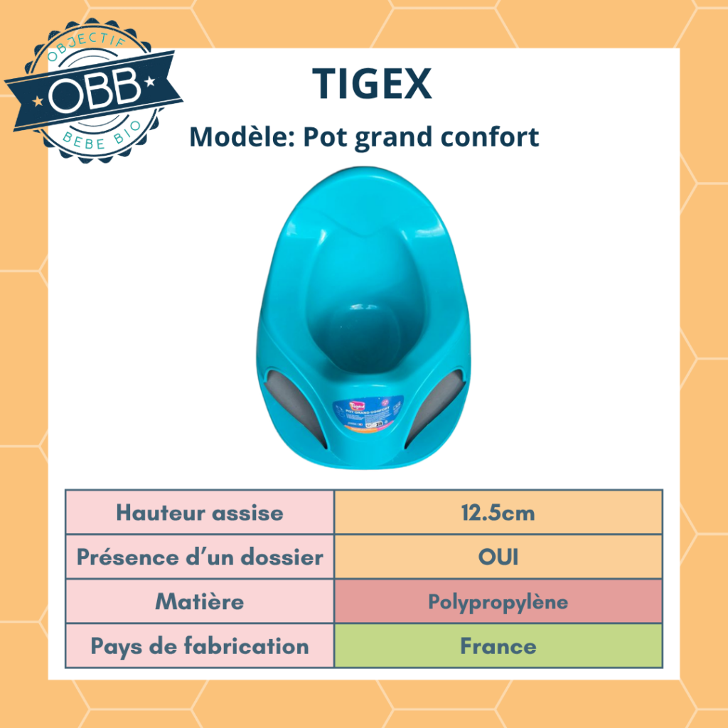 Le pot grand confort de Tigex est un modèle de 12,5cm d'hauteur d'assise avec un dossier. Point positif: bien qu'en plastique il est fabriqué en France.
