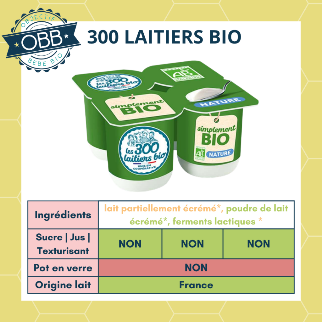 300 laitiers bio, yaourt au lait demi écrémé sans sucre en pot en plastique