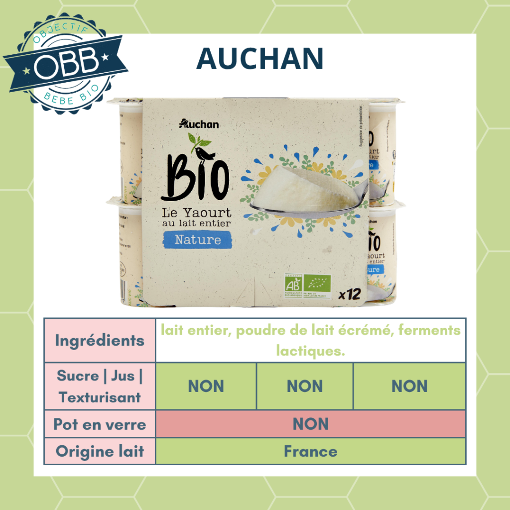 Auchan, yaourt au lait entier sans sucre en pot en plastique