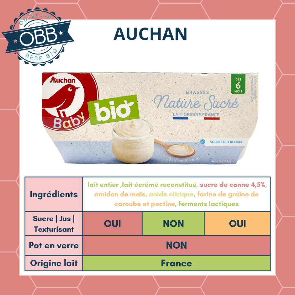 Auchan baby, yaourt pour bébé avec du sucre ajouté et des agents de texture