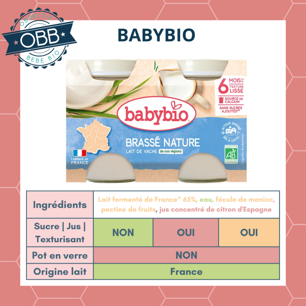 Babybio, brassé nature pour bébé avec du jus concentré ajouté et des agents de texture