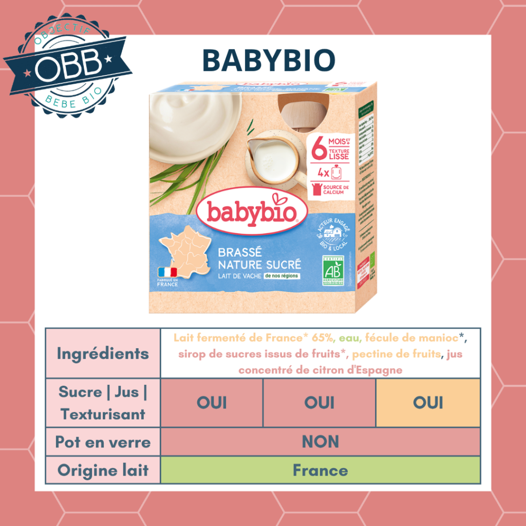 Babybio, brassé nature sucré pour bébé avec du jus concentré et du sucre ajoutés et des agents de texture