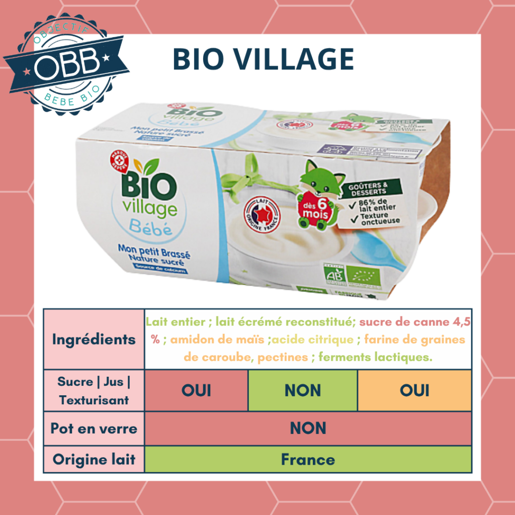 bio village Leclerc, brassé nature pour bébé avec du sucre ajouté et des agents de texture