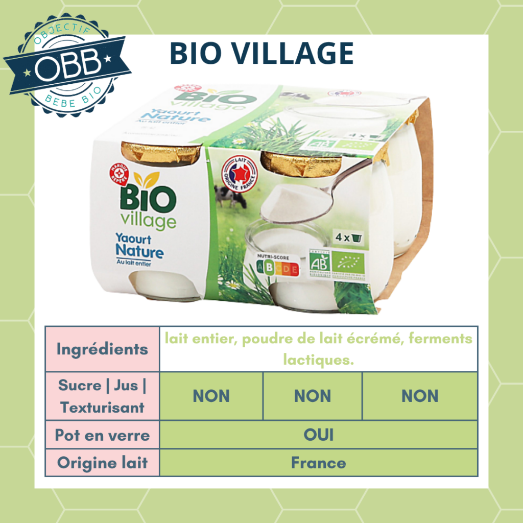 Bio village marque Leclerc, yaourt au lait entier sans sucre en pot en verre