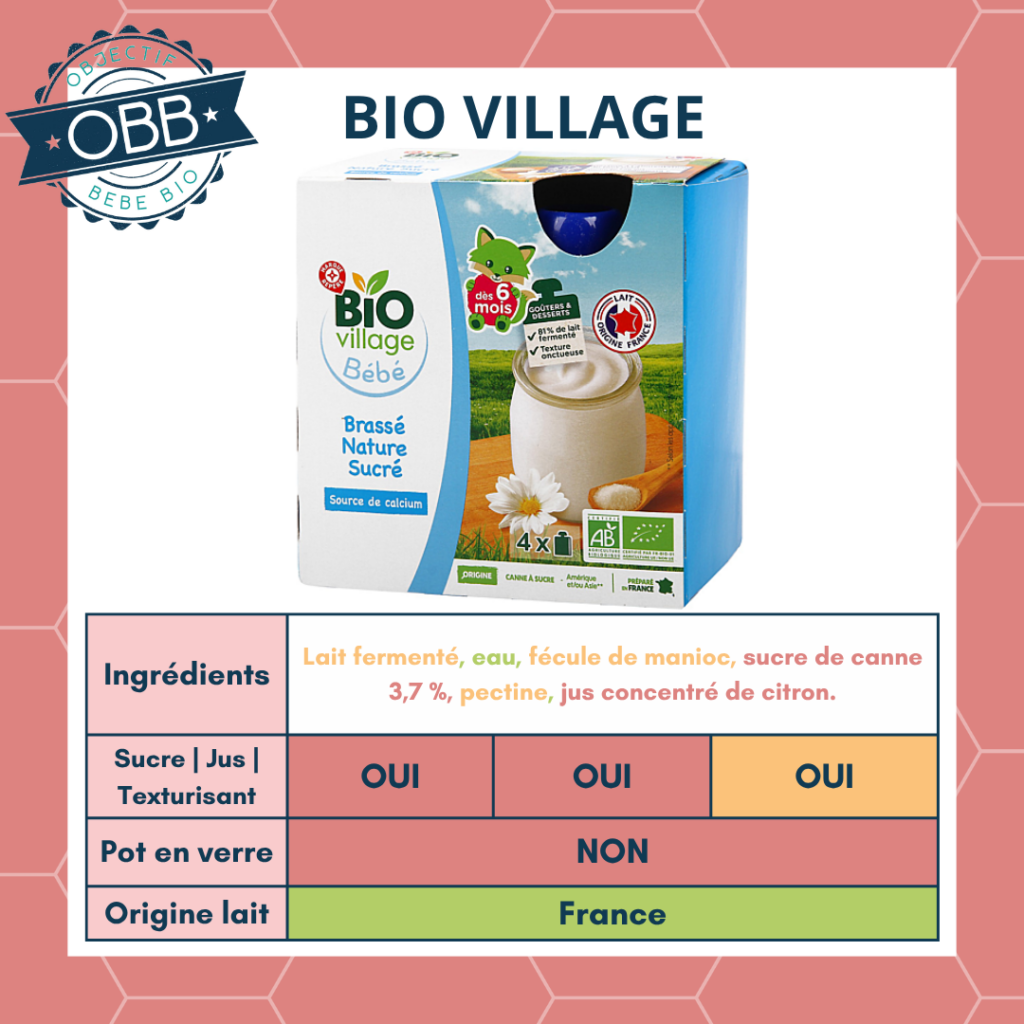 bio village Leclerc, brassé nature sucré pour bébé avec du jus concentré et du sucre ajoutés et des agents de texture