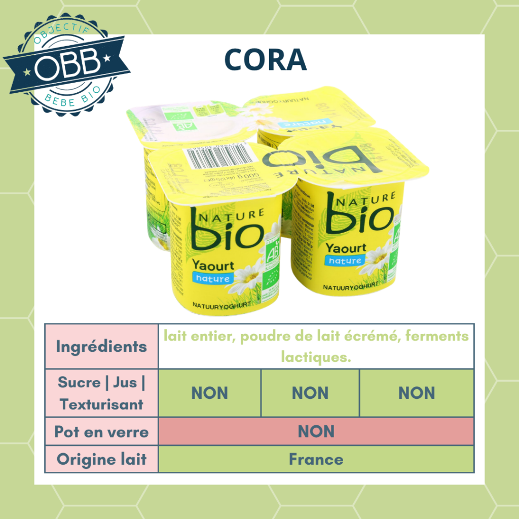 Cora, yaourt au lait entier sans sucre en pot en plastique