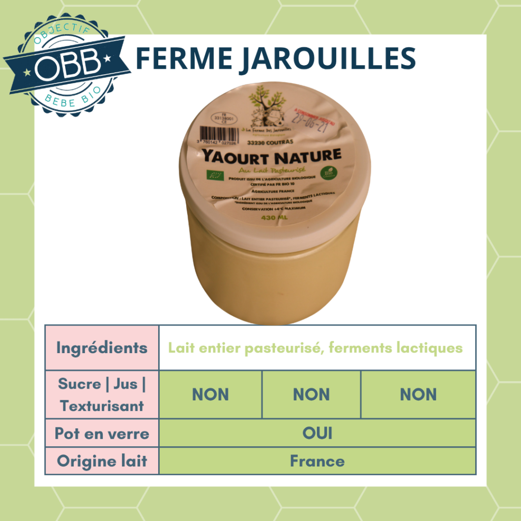 Ferme Jarrouille, yaourt au lait entier sans sucre en pot en verre