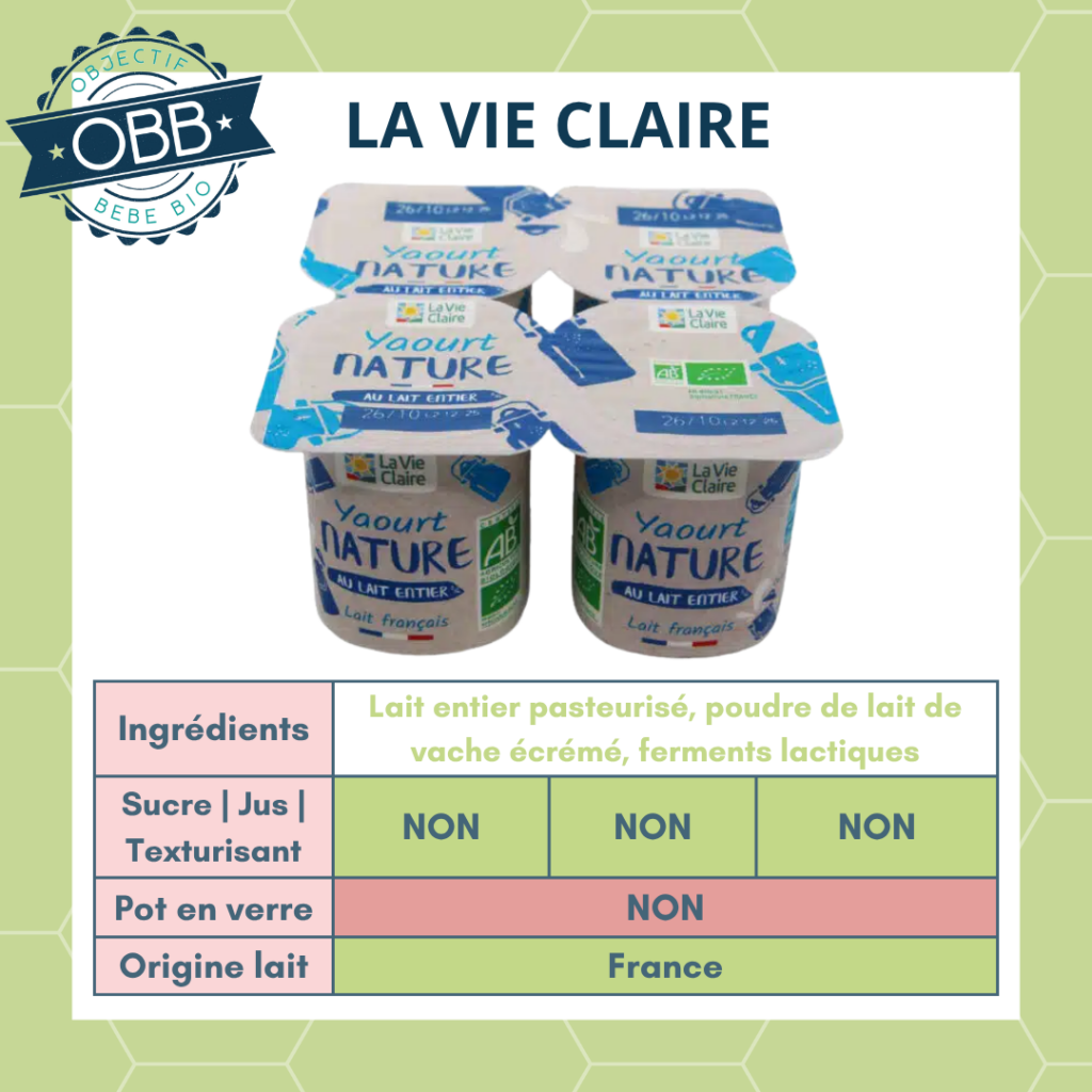 La vie claire, yaourt au lait entier sans sucre en pot en plastique