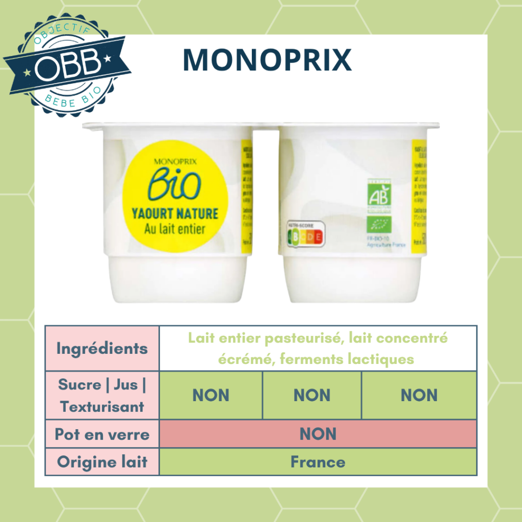 Monoprix, yaourt au lait entier sans sucre en pot en plastique