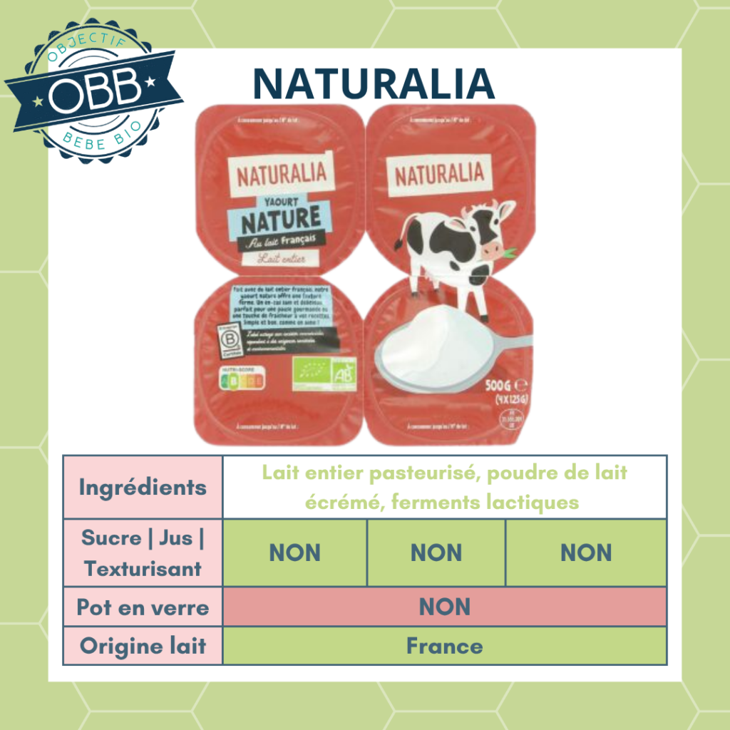 Naturalia, yaourt au lait entier sans sucre en pot en plastique