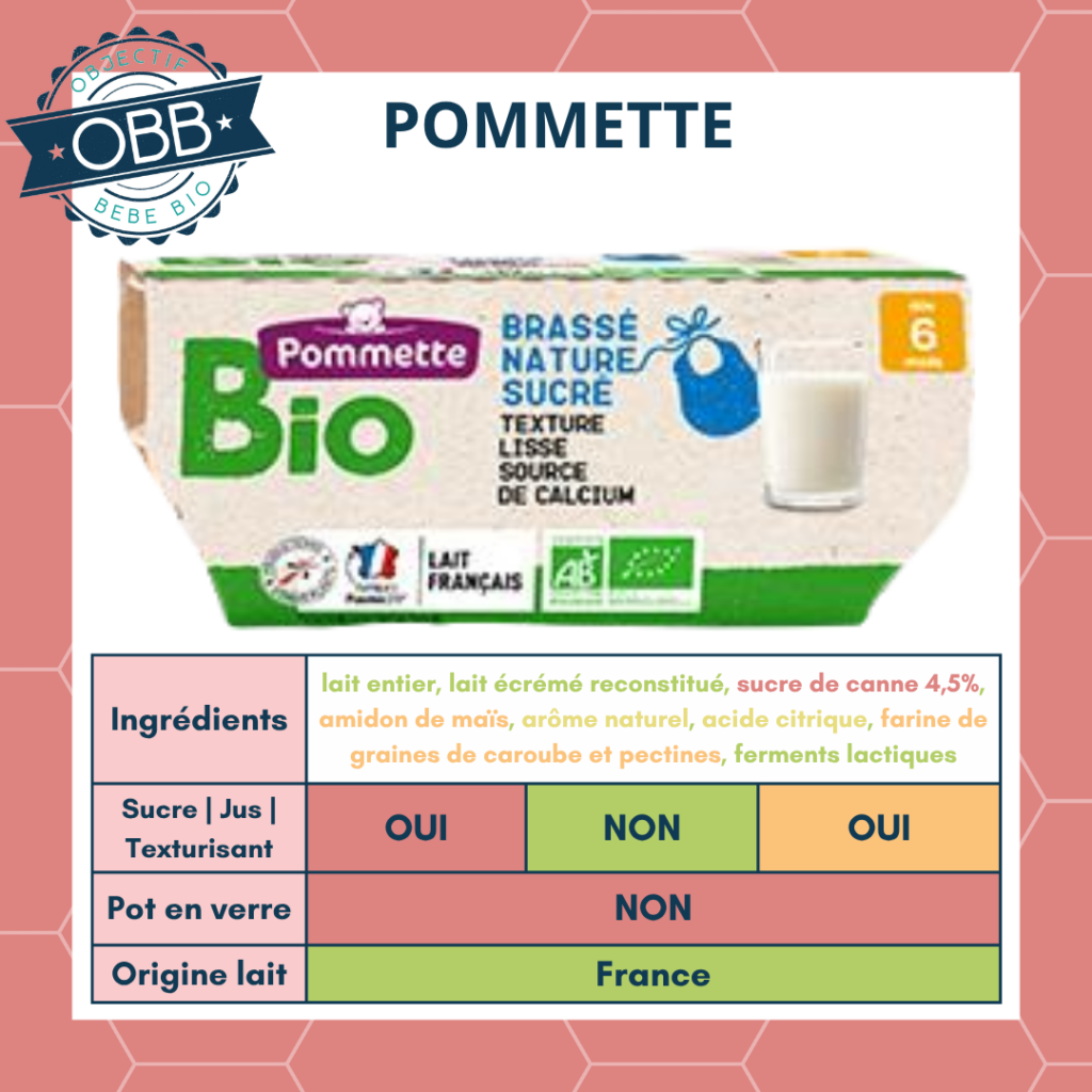 Pommette Intermarché, brassé nature sucré pour bébé avec du sucre ajouté et des agents de texture.