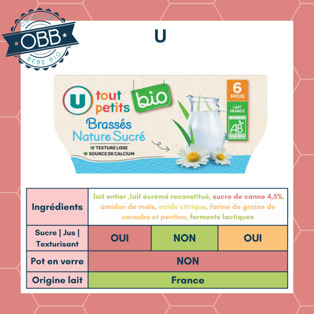 U tout petits bio, brassé nature sucré pour bébé avec du sucre ajouté et des agents de texture.