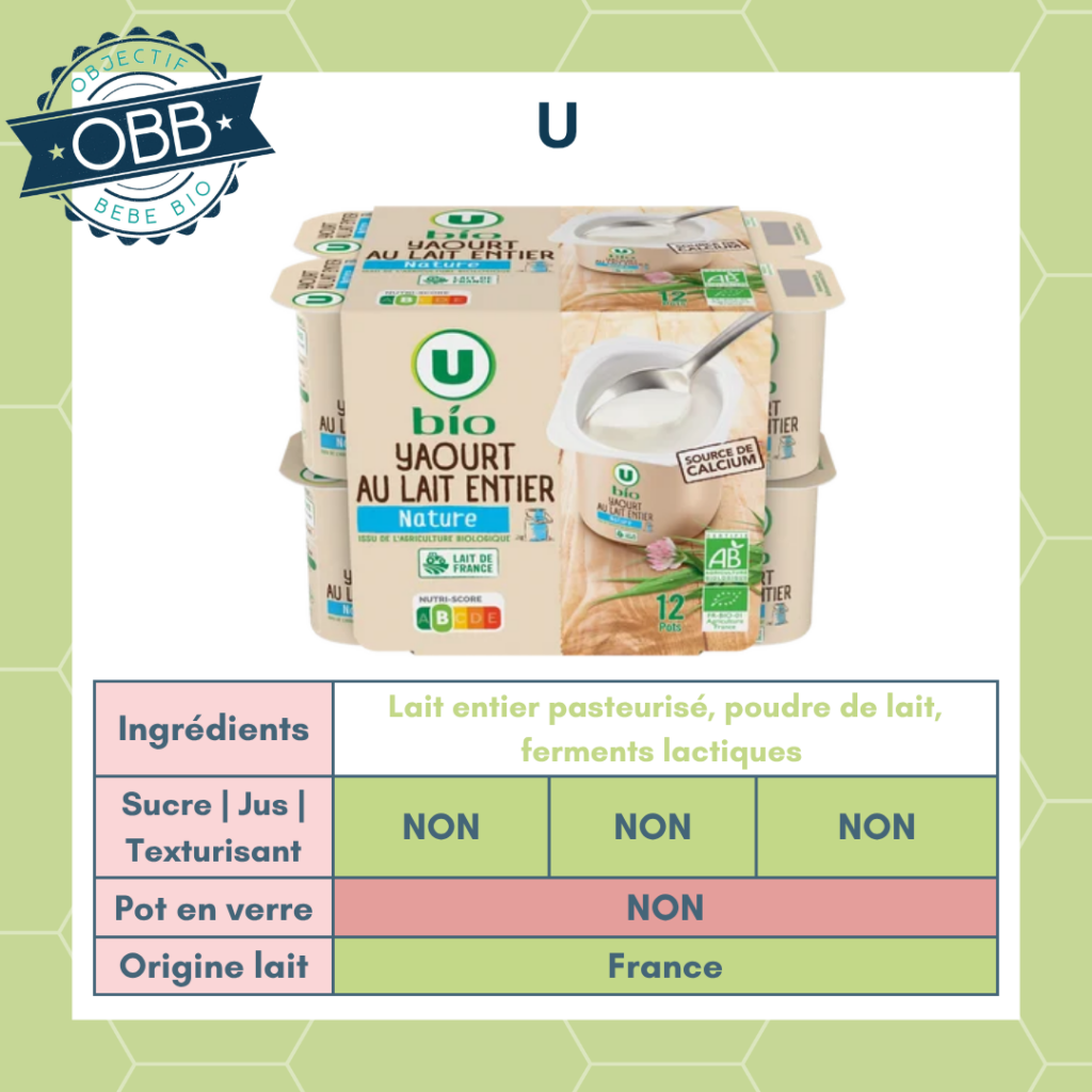 U, yaourt au lait entier sans sucre en pot en plastique