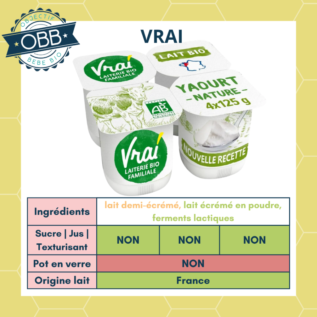 Vrai, yaourt au lait demi écrémé sans sucre en pot en plastique