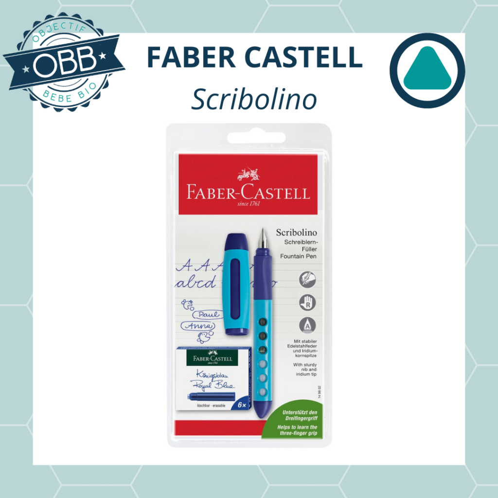 Scribolino, stylo plume de chez Faber Castell. Avec une zone de préhension ergonomique, pour droitier et gaucher selon le modèle.