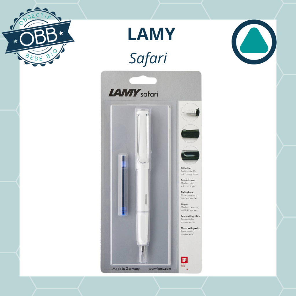 Stylo plume safari de chez Lami. Le corps est en plastique, avec une zone triangulaire pour une bonne préhension.