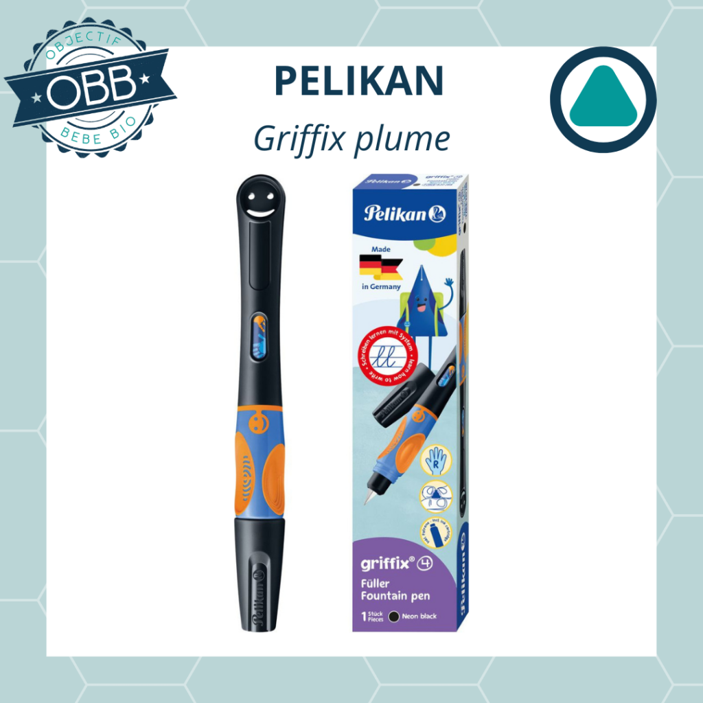 Le stylo plume, Griffix a également une zone de préhension spéciale pour favoriser la prise tripode. Le smiley indique à l'enfant quand il tient correctement son stylo.